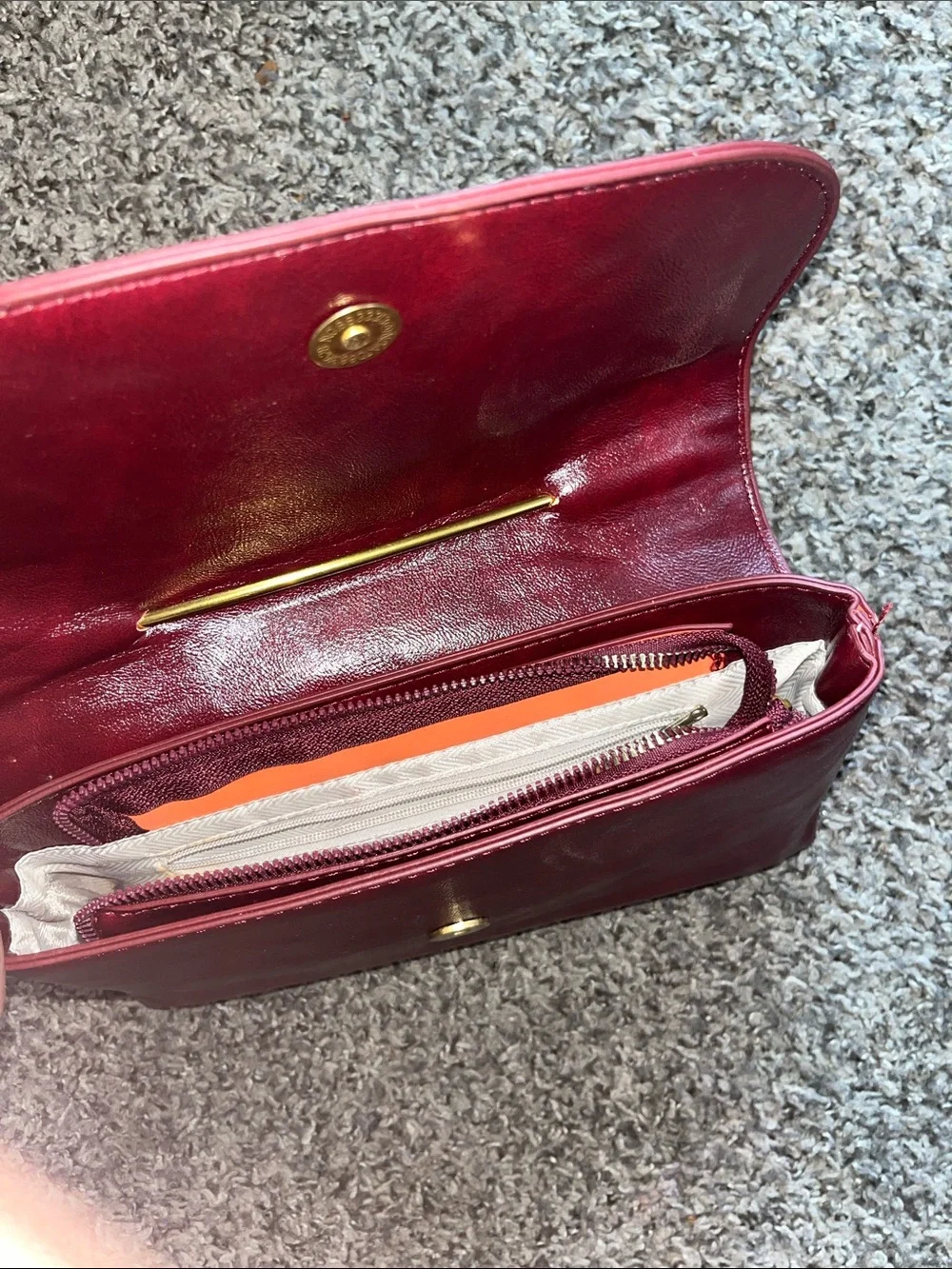 Burgundy Leather Clutch with Gold Safety Pin Accent